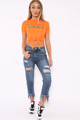 Orange Knot Front Rainbow Vogue Slogan Top - Jhenna-Tops