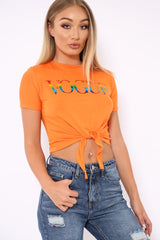 Orange Knot Front Rainbow Vogue Slogan Top - Jhenna-Tops