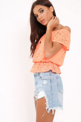 Orange Lace Frill Bardot Top - Aarin-Tops