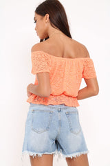 Orange Lace Frill Bardot Top - Aarin-Tops
