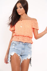 Orange Lace Frill Bardot Top - Aarin-Tops