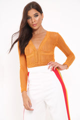 Orange Lace Long Sleeve Open Back Bodysuit - Temari-Bodysuits