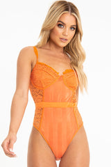 Orange Lace Mesh Stripe Cup Detail Bodysuit - India-Bodysuits