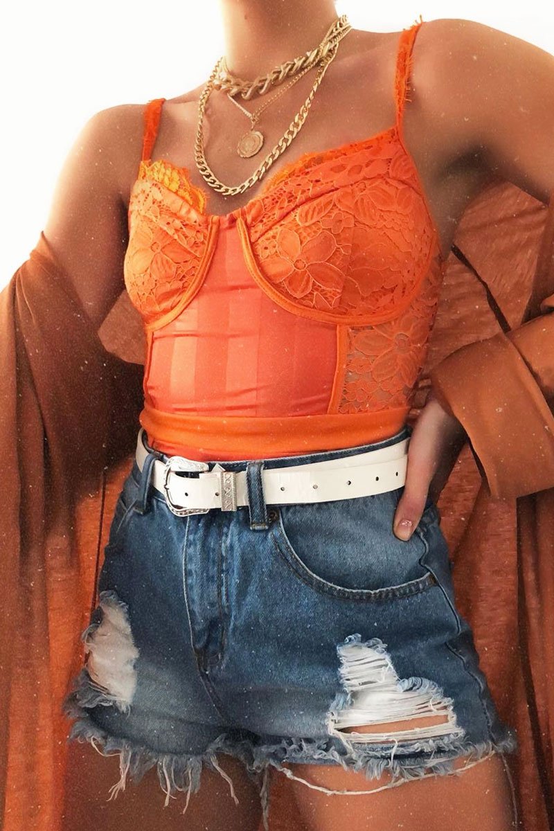 Orange Lace Mesh Stripe Cup Detail Bodysuit - India-Bodysuits