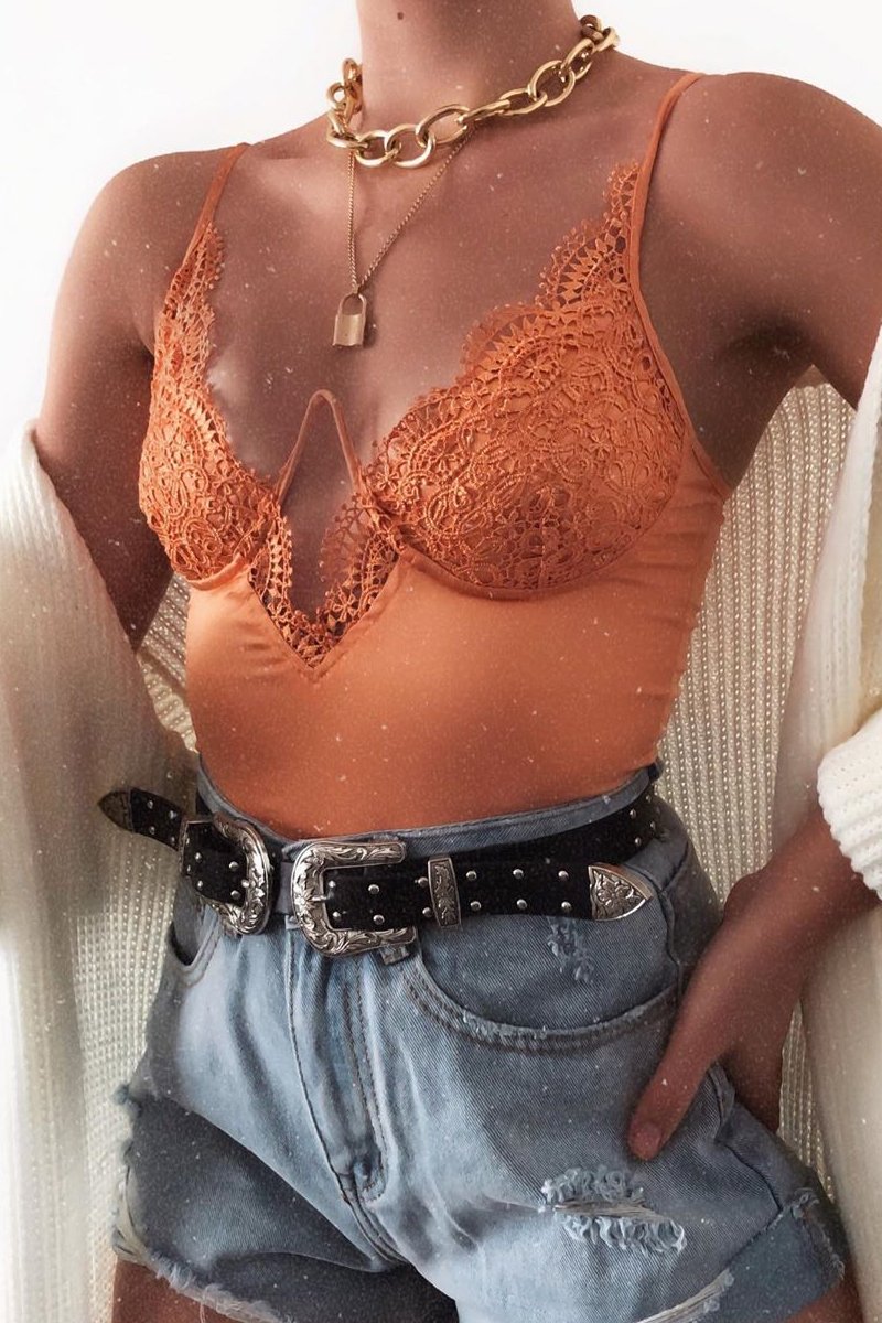 Orange Lace Underwired Cup Detail Bodysuit - Mariah-Bodysuits