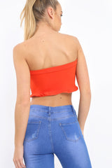 Orange Lace Up Front Frill Bandeau Crop Top - Cyndi-Crop Tops