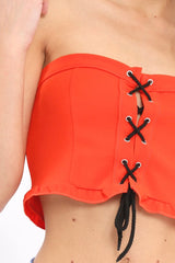 Orange Lace Up Front Frill Bandeau Crop Top - Cyndi-Crop Tops