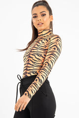 Orange Long Sleeve Tiger Print Bodysuit - Reylee-Bodysuits