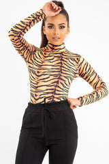 Orange Long Sleeve Tiger Print Bodysuit - Reylee-Bodysuits