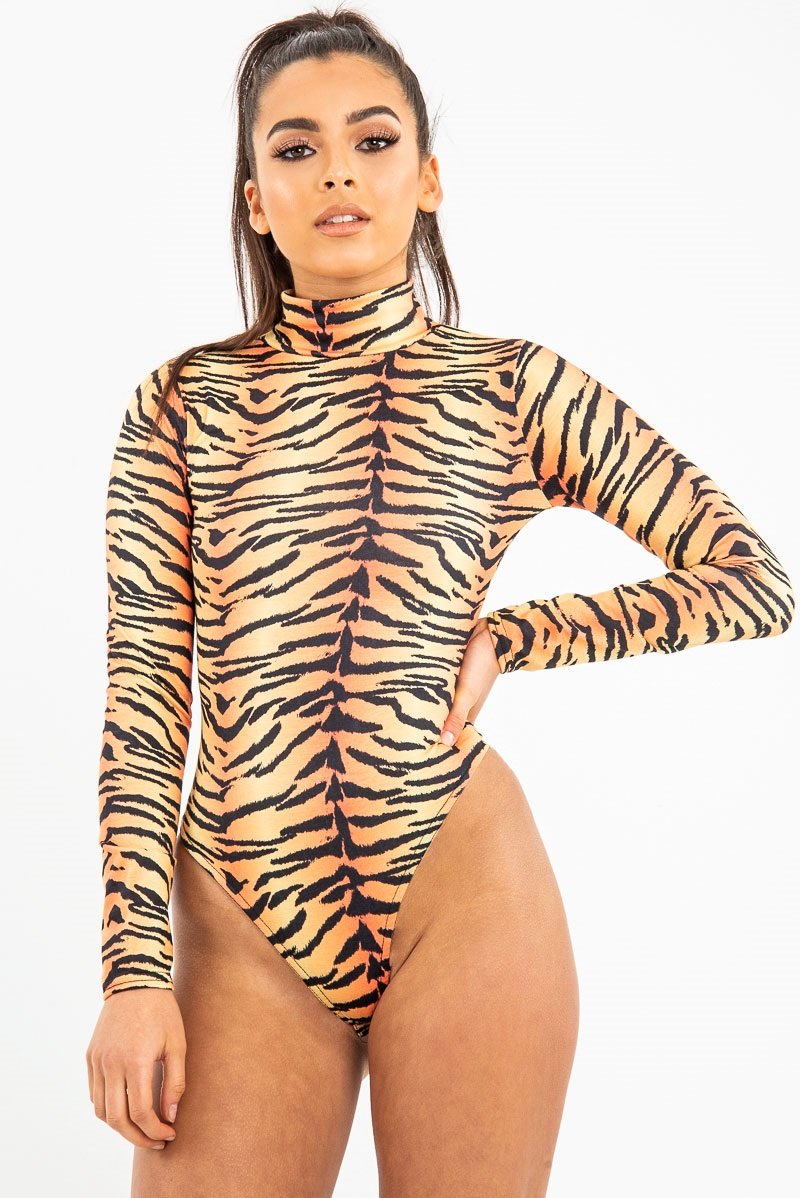 Orange Long Sleeve Tiger Print Bodysuit - Reylee-Bodysuits