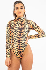 Orange Long Sleeve Tiger Print Bodysuit - Reylee-Bodysuits