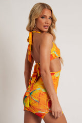 Orange Marble Cut Out Ring Detail Halter Neck Mini Dress - Joanie-Dresses