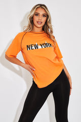 Orange New York Printed Slogan T-shirt - Lellie-t-shirt