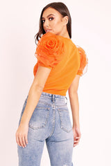 Orange Organza Flower Puff Sleeve Ribbed Top - Lalani-Tops
