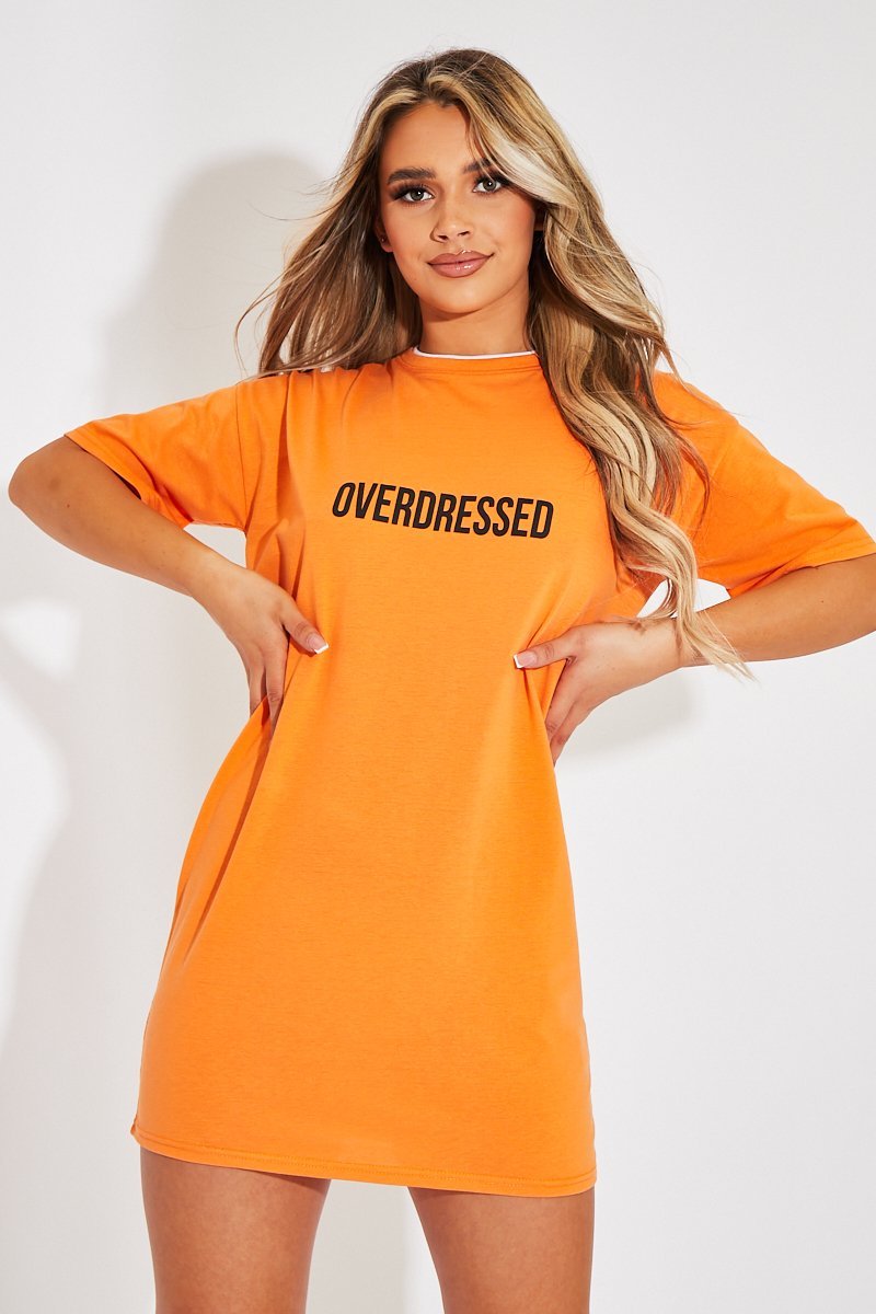 Orange Overdressed Slogan T-shirt Dress - Malia-Dresses