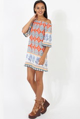 Orange Paisley Print Bardot Frill Trim Dress - Tanya-Dresses