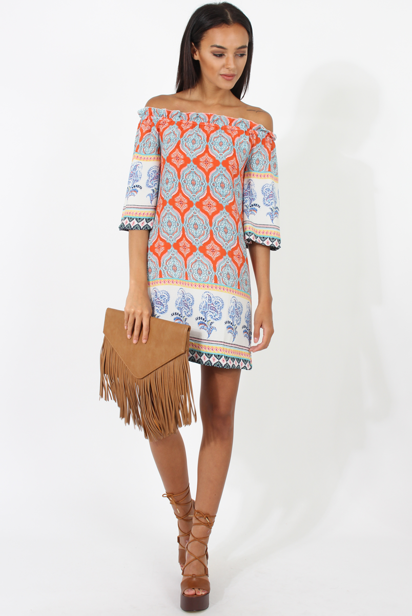 Orange Paisley Print Bardot Frill Trim Dress - Tanya-Dresses