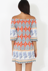 Orange Paisley Print Bardot Frill Trim Dress - Tanya-Dresses