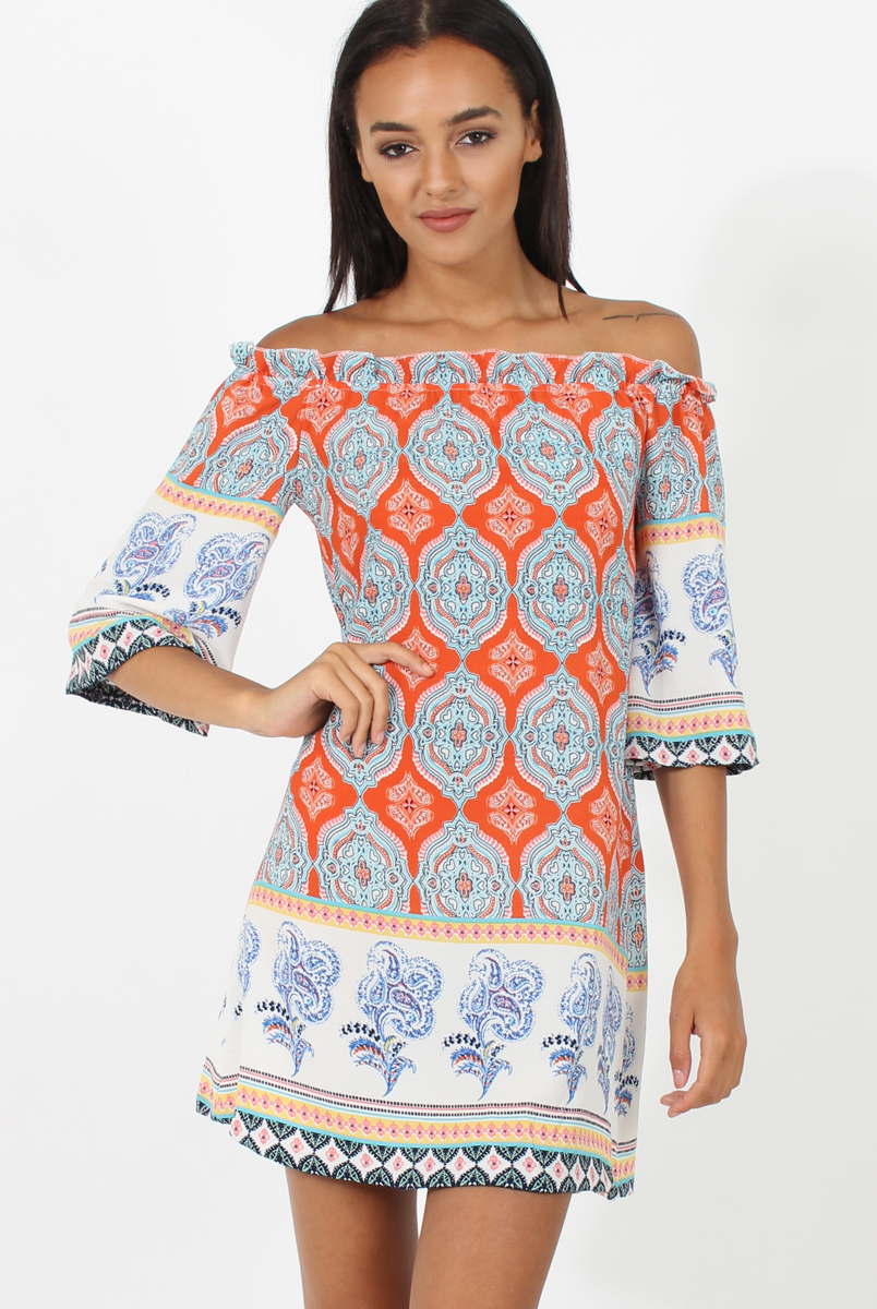 Orange Paisley Print Bardot Frill Trim Dress - Tanya-Dresses