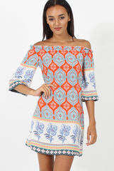 Orange Paisley Print Bardot Frill Trim Dress - Tanya-Dresses