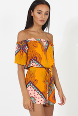 Orange Paisley Print Cut out Detail Bardot Playsuit- Abby-Playsuits