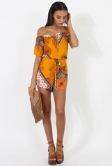 Orange Paisley Print Cut out Detail Bardot Playsuit- Abby-Playsuits