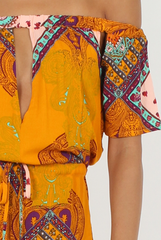 Orange Paisley Print Cut out Detail Bardot Playsuit- Abby-Playsuits