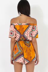 Orange Paisley Print Cut out Detail Bardot Playsuit- Abby-Playsuits