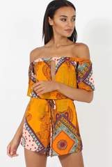 Orange Paisley Print Cut out Detail Bardot Playsuit- Abby-Playsuits