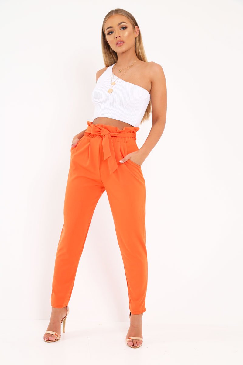 Orange Paper Bag Tie Waist Cigarette Trousers - Karmen-Trousers