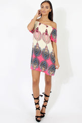 Orange & Pink Indian Print Bardot Dress - Daphne-Dresses
