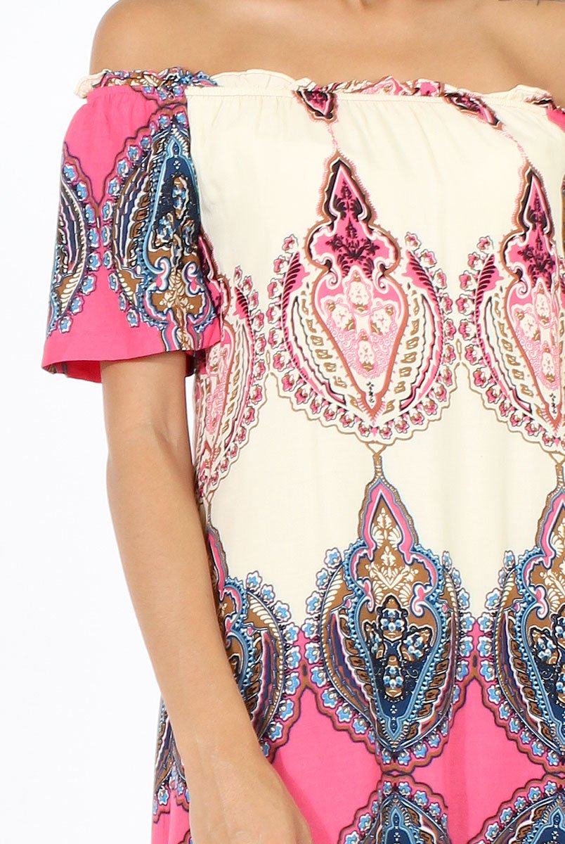 Orange & Pink Indian Print Bardot Dress - Daphne-Dresses