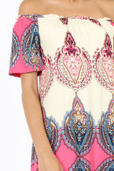 Orange & Pink Indian Print Bardot Dress - Daphne-Dresses