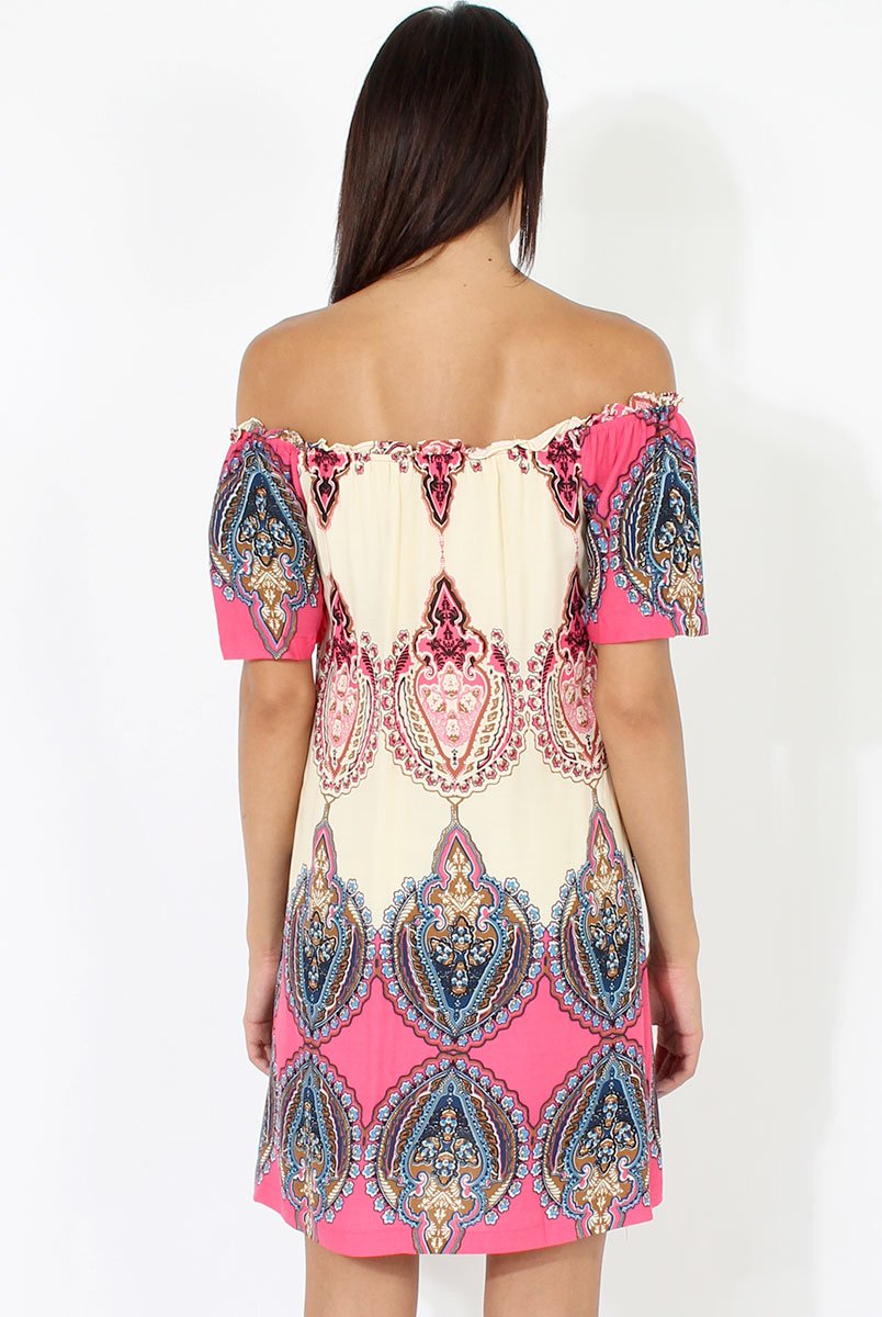 Orange & Pink Indian Print Bardot Dress - Daphne-Dresses
