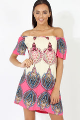Orange & Pink Indian Print Bardot Dress - Daphne-Dresses