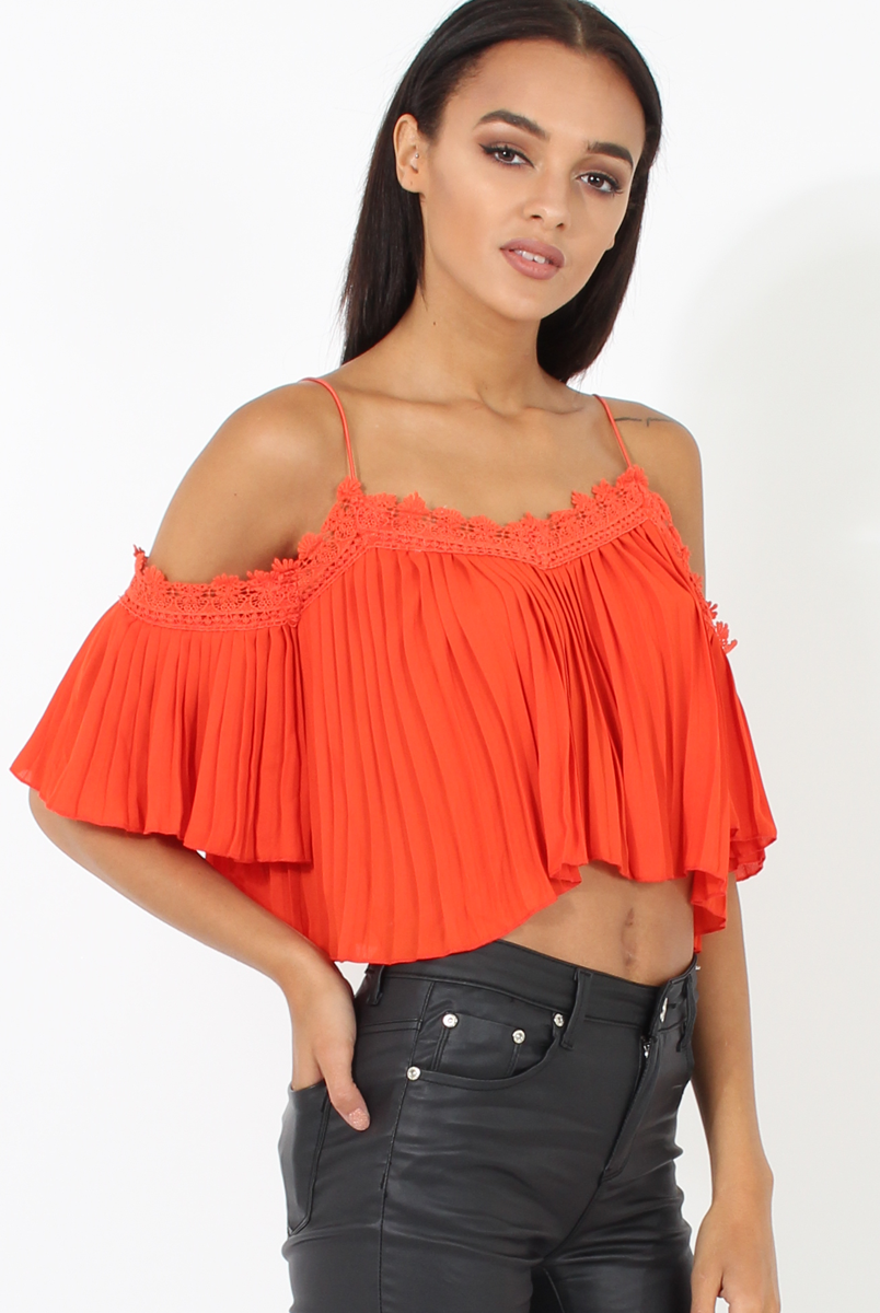 Orange Pleated Crochet Trim Cold Shoulder Crop Top - Jil-Crop Tops