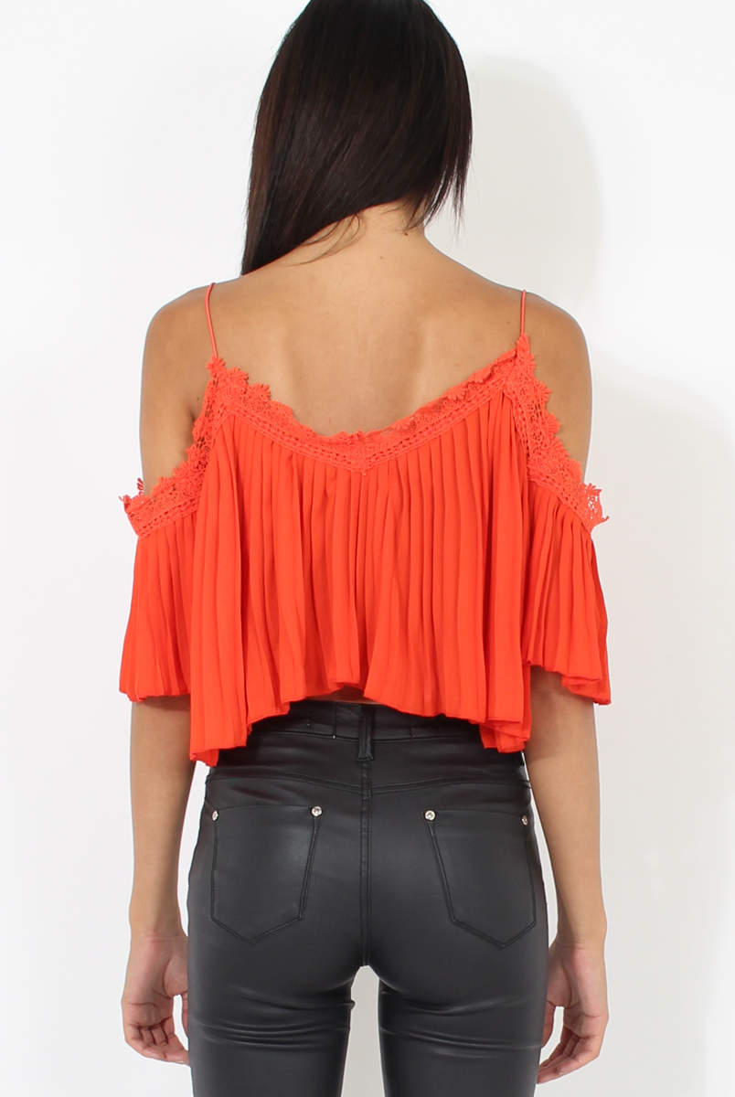 Orange Pleated Crochet Trim Cold Shoulder Crop Top - Jil-Crop Tops