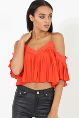 Orange Pleated Crochet Trim Cold Shoulder Crop Top - Jil-Crop Tops