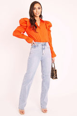 Orange Pleated Shoulder Fluted Sleeve Shirt - Maize-Shirts