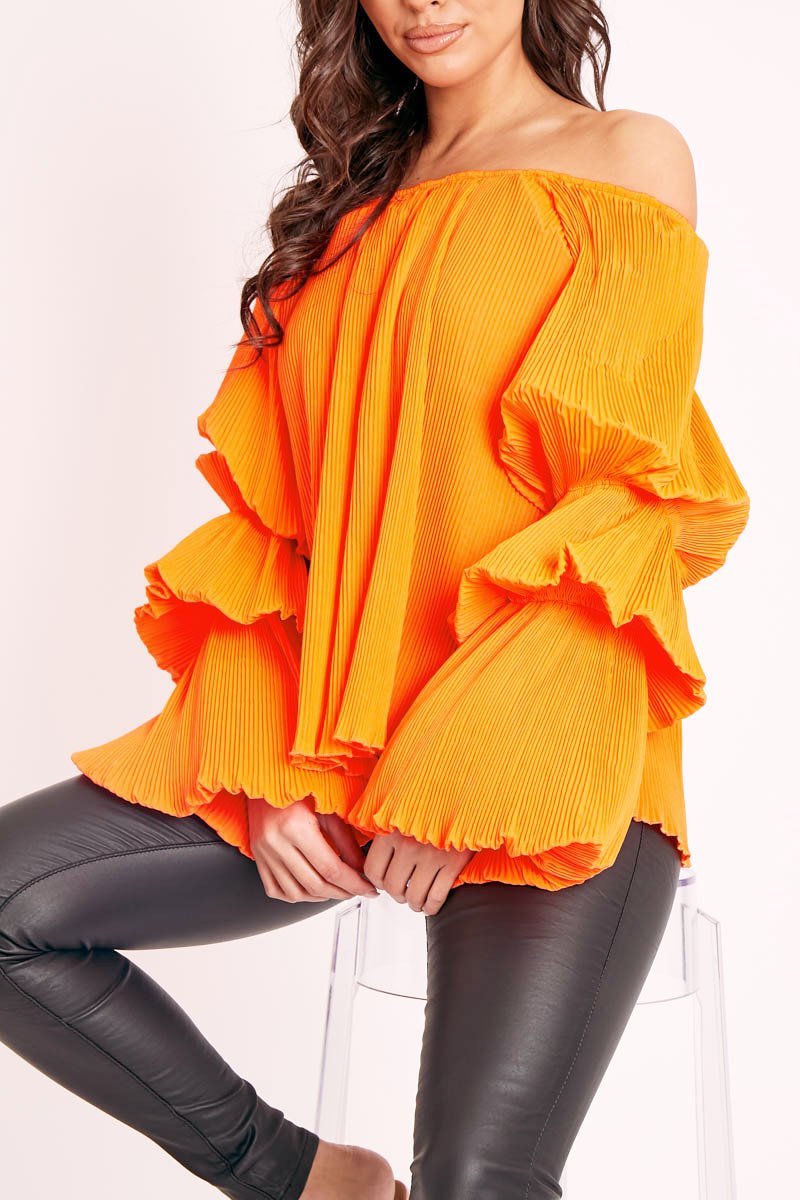 Orange Plisse Fabric Structured Sleeve Blouse - Loraina-Blouse