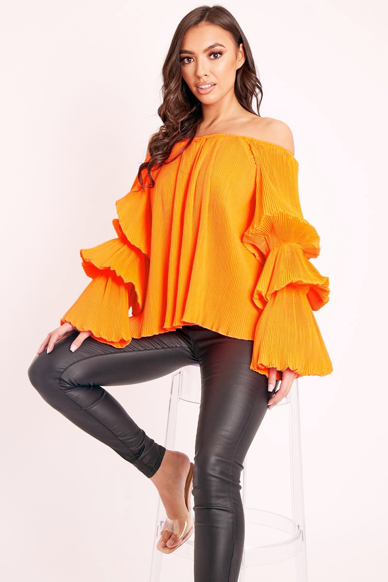 Orange Plisse Fabric Structured Sleeve Blouse - Loraina-Blouse