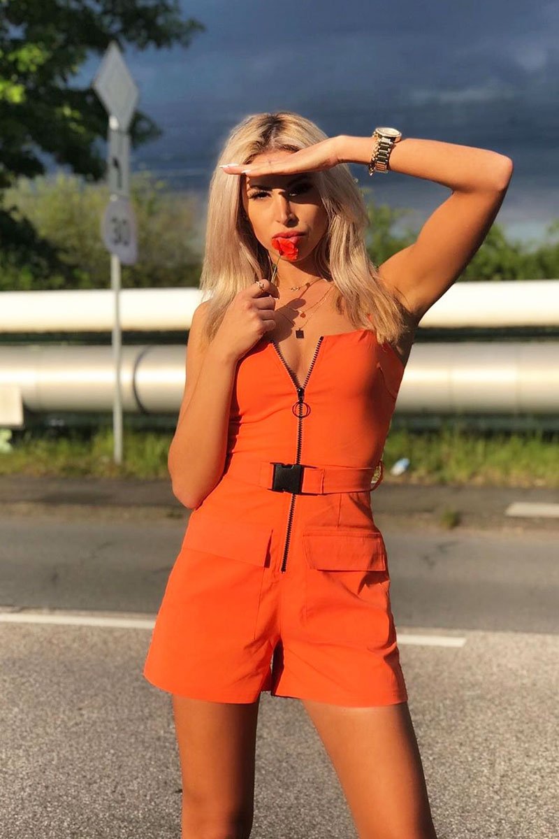Orange Plunge Belted Waist Sleeveless Playsuit - Kerstyn-Playsuits