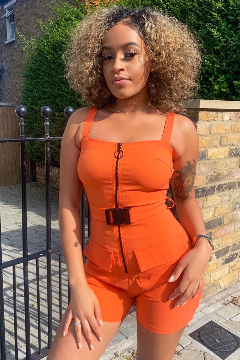 Orange Plunge Belted Waist Sleeveless Playsuit - Kerstyn-Playsuits