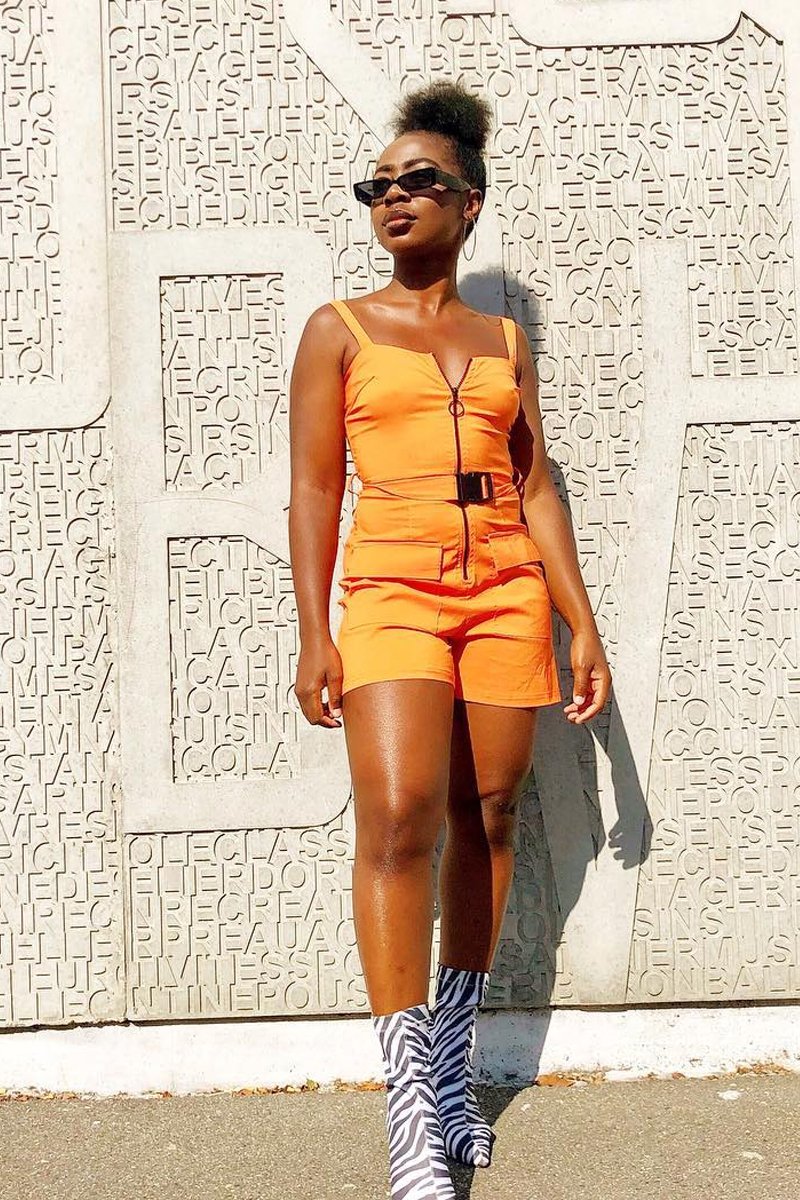 Orange Plunge Belted Waist Sleeveless Playsuit - Kerstyn-Playsuits
