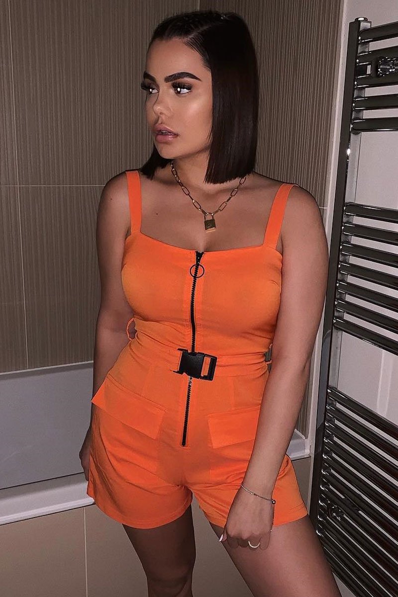 Orange Plunge Belted Waist Sleeveless Playsuit - Kerstyn-Playsuits