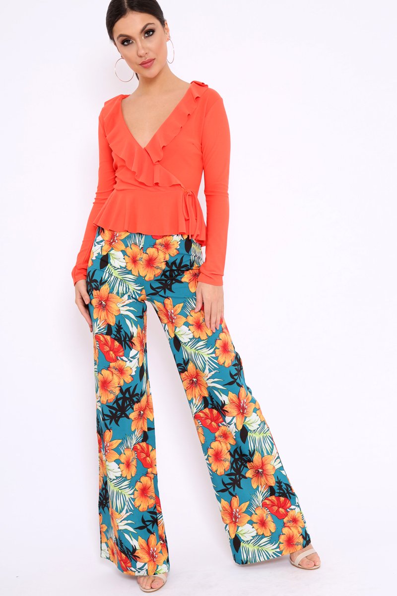 Orange Plunge Frill Wrap Tie Front Top - Rebecca-Tops