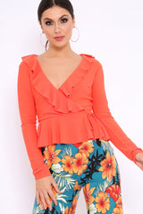 Orange Plunge Frill Wrap Tie Front Top - Rebecca-Tops
