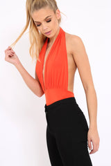 Orange Plunge Halterneck Bodysuit - Lona-Bodysuits