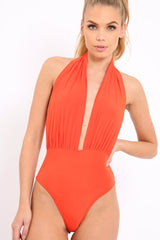 Orange Plunge Halterneck Bodysuit - Lona-Bodysuits