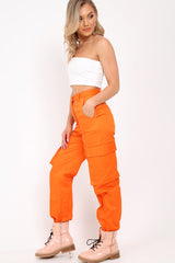 Orange Pocket High Waist Cargo Cuffed Trousers - Galya-Trousers